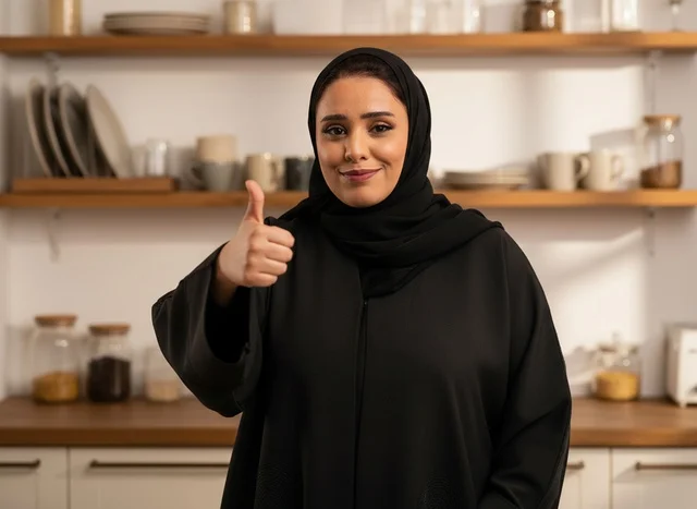 Emirati Woman in Abaya Giving Thumbs Up in Kitchen