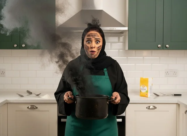 Saudi Woman with Smoking Pot in Kitchen