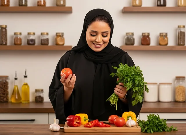 Emirati Woman in Abaya Preparing Fresh Vegetables in Kitchen