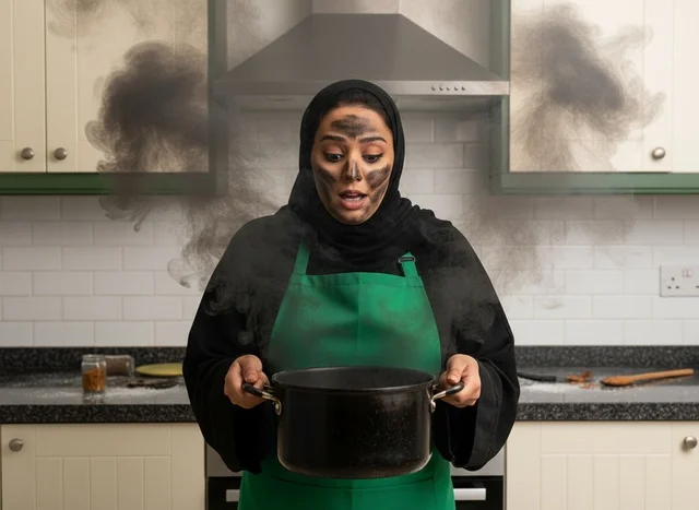 Shocked Khaleeji Woman with Burnt Pot in Kitchen