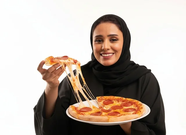 امرأة سعودية بالعباءة تأكل بيتزا بيبروني خلفية بيضاء