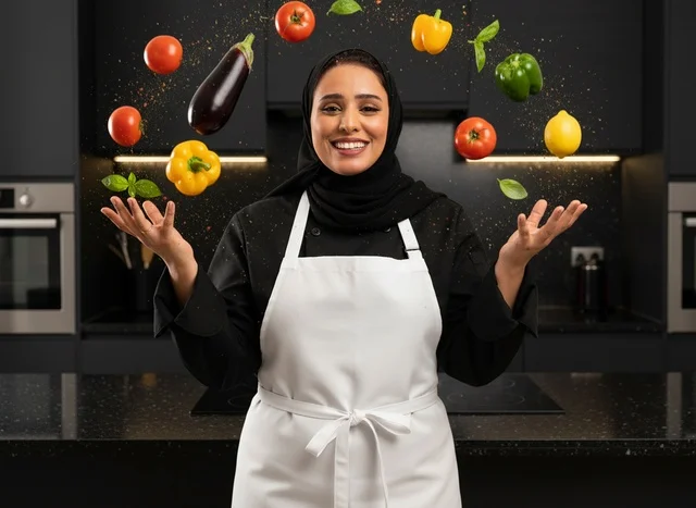 Saudi Female Chef in Kitchen with Flying Vegetables