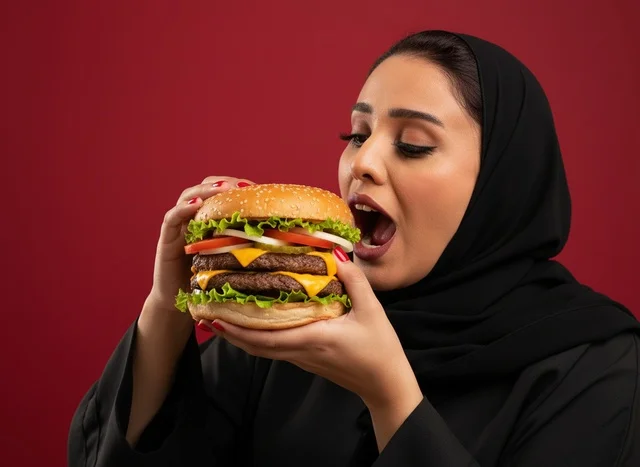 امرأة سعودية بالعباءة والحجاب تأكل برجر الجبن