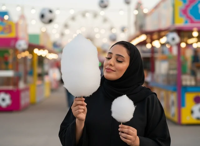 Emirati Woman Holding Cotton Candy at Amusement Park