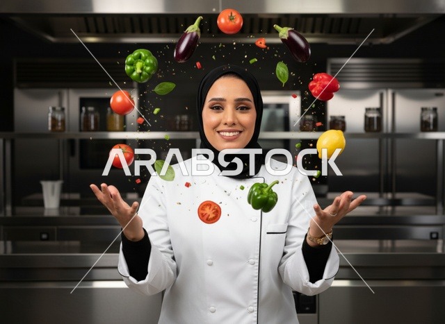 شيف عربية مع خضروات طائرة في المطبخ