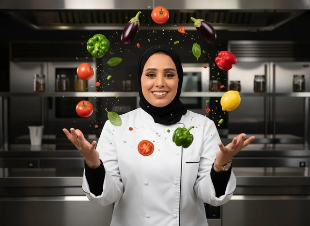 Arab Female Chef with Floating Vegetables in Kitchen