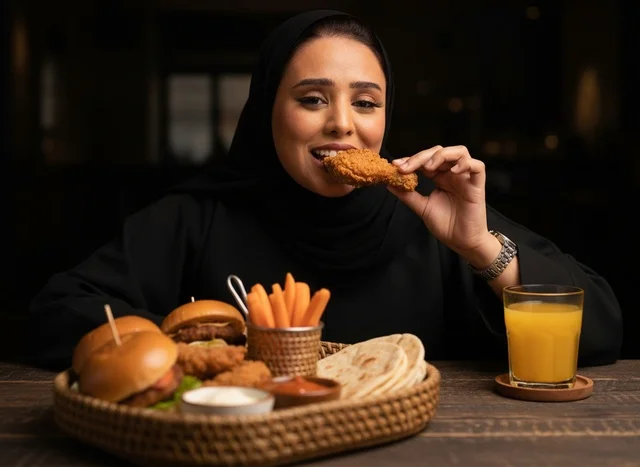 Emirati Woman Eating Fried Chicken and Sliders at Restaurant Emirati Woman Eating Fried Chicken and Sliders at Restaurant