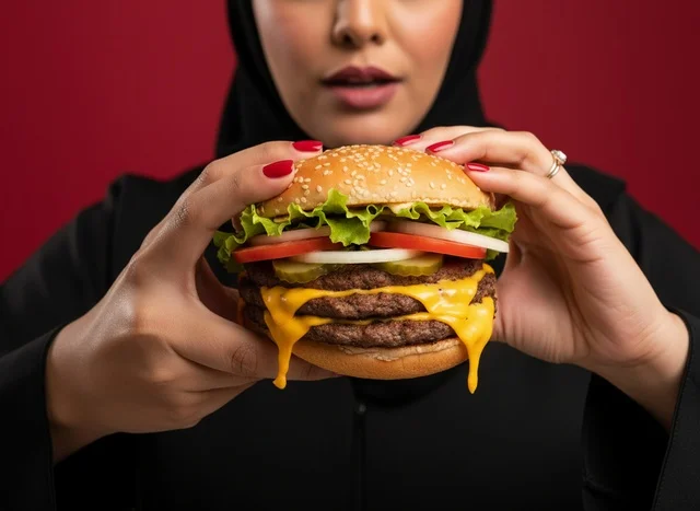 Saudi Woman Holding Double Cheeseburger on Red Background