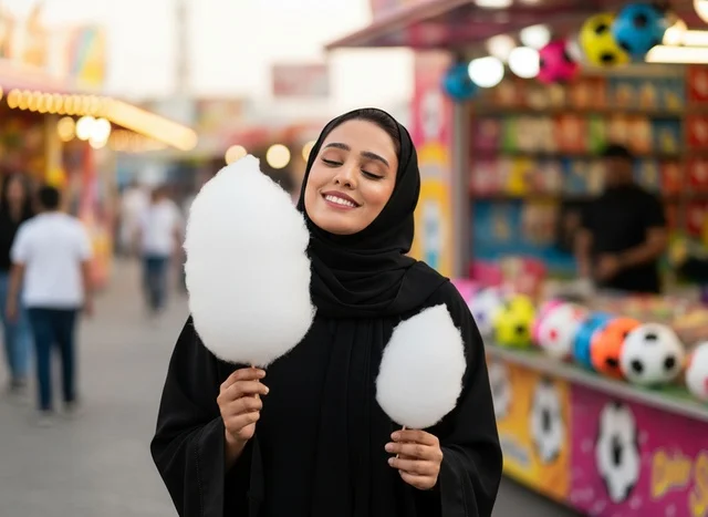 Emirati Woman with Cotton Candy at Amusement Park