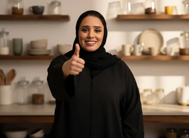 امرأة سعودية بالعباءة ترفع إبهامها في المطبخ