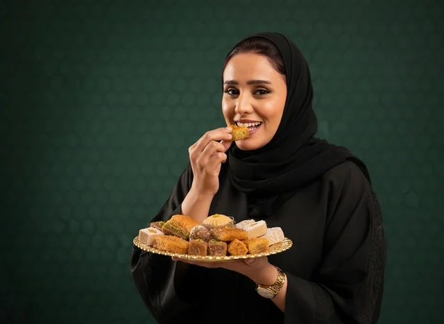 Saudi Woman in Abaya Holding Traditional Arabic Sweets