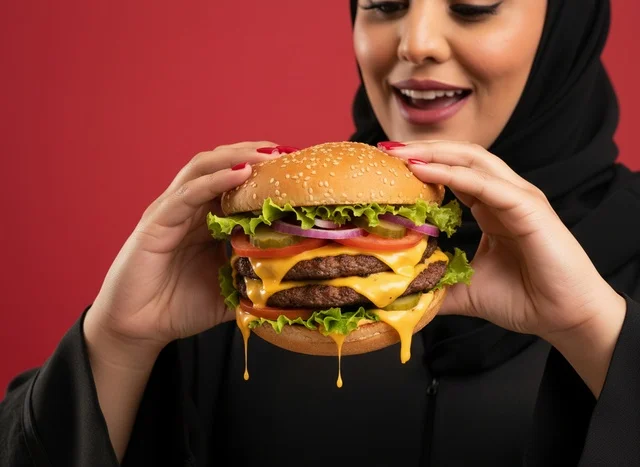 Saudi Woman in Abaya Holding Double Cheeseburger