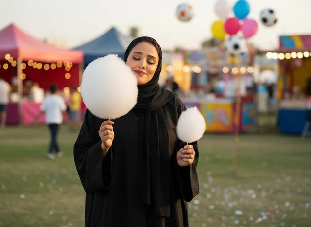 Arab Woman in Abaya with Cotton Candy at Carnival
