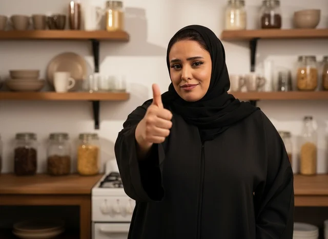 Emirati Woman in Abaya Giving Thumbs Up in Kitchen