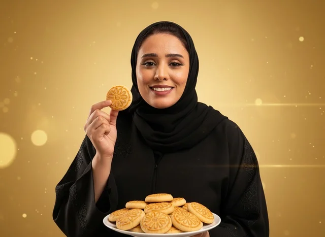 Saudi Woman Holding Traditional Maamoul Cookies Saudi Woman Holding Traditional Maamoul Cookies