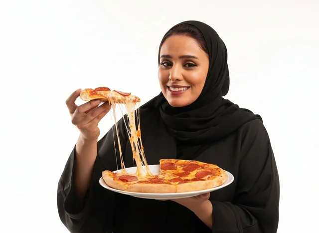 امرأة سعودية بالعباءة تأكل بيتزا الببروني