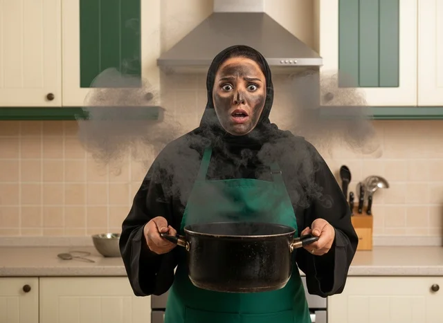 Shocked Saudi Woman with Burnt Pot and Soot in Kitchen