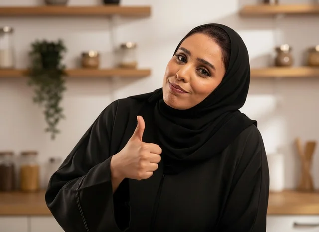 امرأة سعودية بالعباءة تشير بعلامة الإعجاب في المطبخ