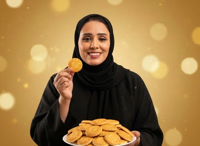 امرأة سعودية تحمل كعك المعمول العربي التقليدي