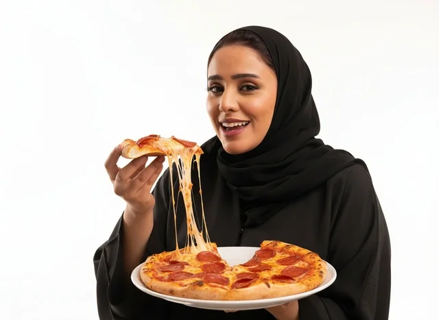 امرأة سعودية بالعباءة تأكل بيتزا بيبروني