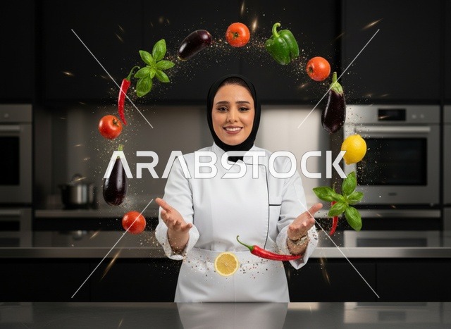 طاهية سعودية مع خضروات طائرة في المطبخ