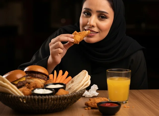 Saudi Woman in Abaya Eating Fried Chicken and Burgers
