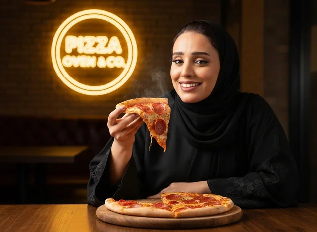 امرأة سعودية بالعباءة تأكل بيتزا بيبروني