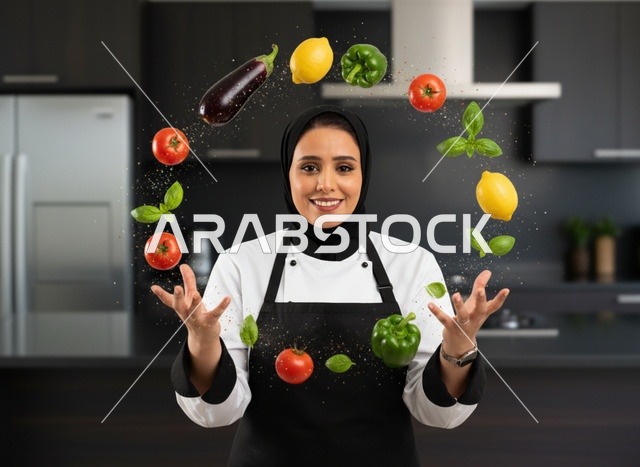 Saudi chef with flying vegetables in a modern kitchen.