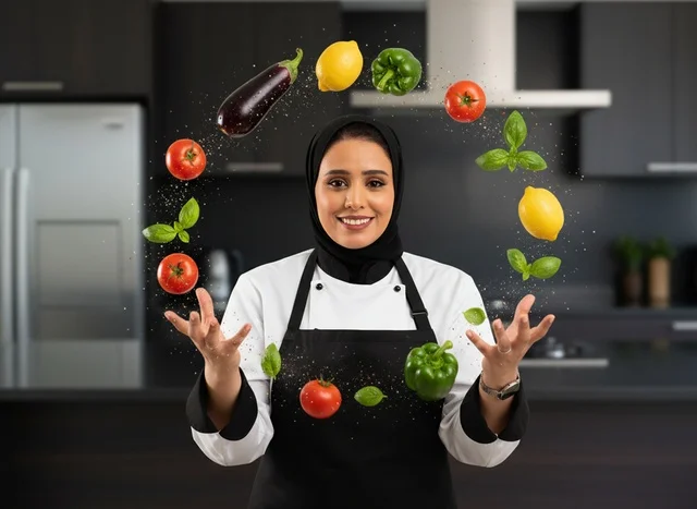 Saudi chef with flying vegetables in a modern kitchen.