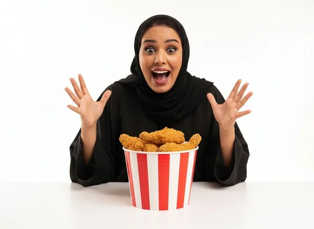 امرأة سعودية مع دلو دجاج مقلي بخلفية بيضاء