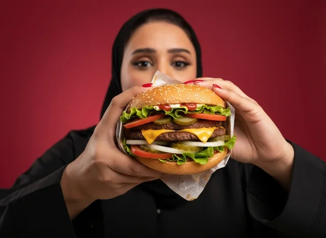 امرأة عربية بالعباءة تمسك برجر جبن مزدوج كبير امرأة عربية بالعباءة تمسك برجر جبن مزدوج كبير