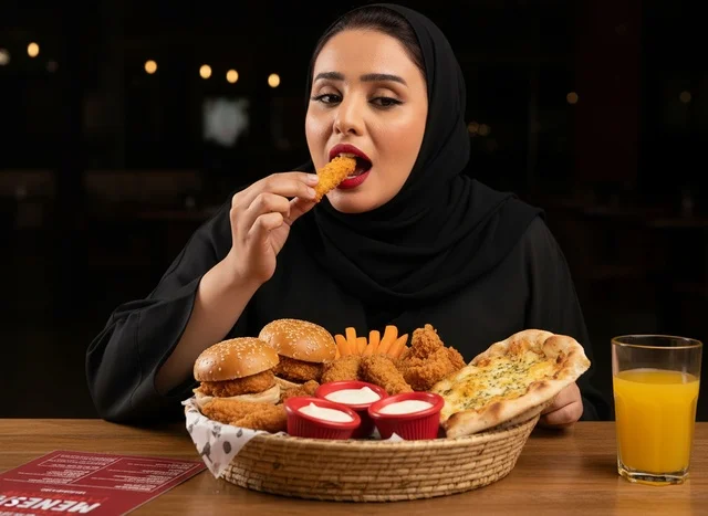 Saudi Woman Eating Fast Food at Restaurant Table Indoor Saudi Woman Eating Fast Food at Restaurant Table Indoor