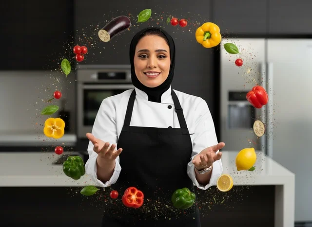 شيف عربية مع خضروات متطايرة في المطبخ الحديث شيف عربية مع خضروات متطايرة في المطبخ الحديث