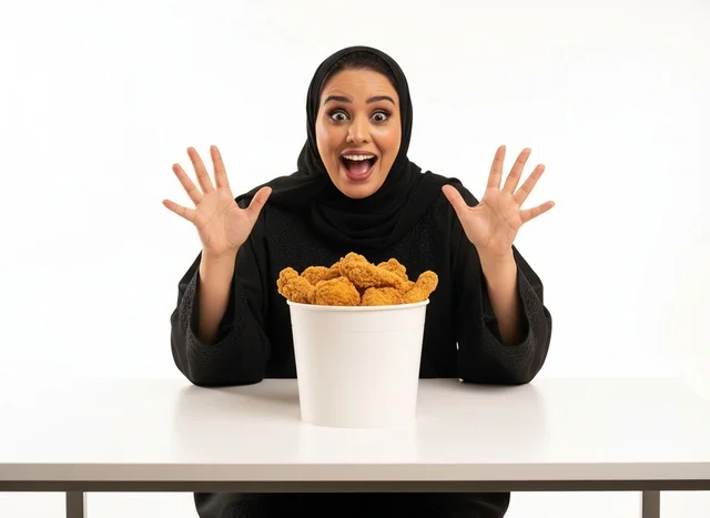 امرأة سعودية متحمسة مع سطل دجاج مقلي امرأة سعودية متحمسة مع سطل دجاج مقلي