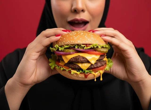A Saudi woman in an abaya is having a fast meal in a restaurant.