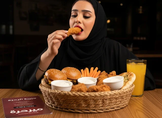 A Saudi woman in an abaya is having a fast meal in a restaurant.
