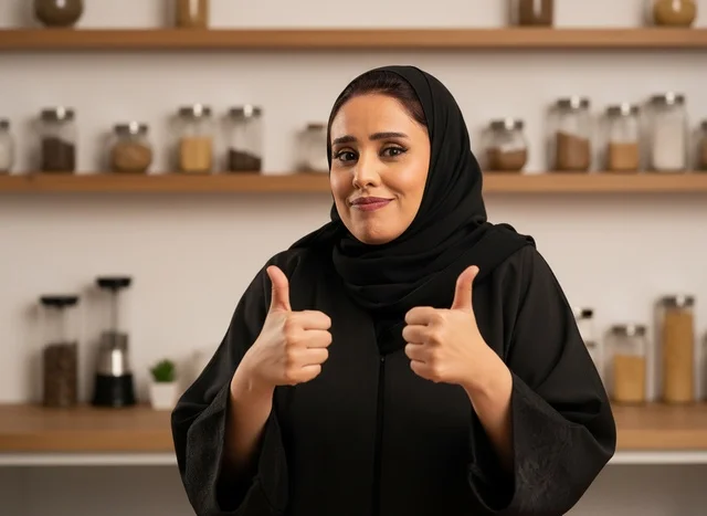 Saudi Woman in Abaya Giving Thumbs Up in Kitchen