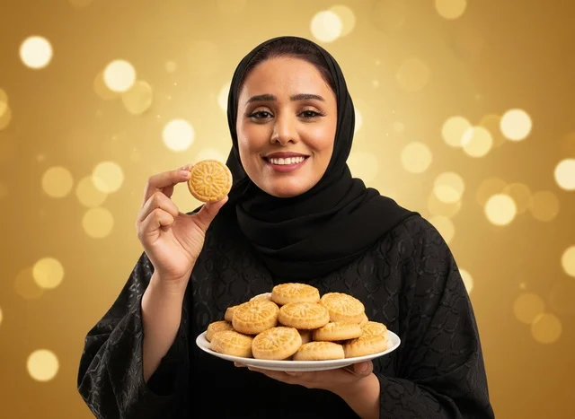 امرأة سعودية مع طبق معمول العيد التقليدي
