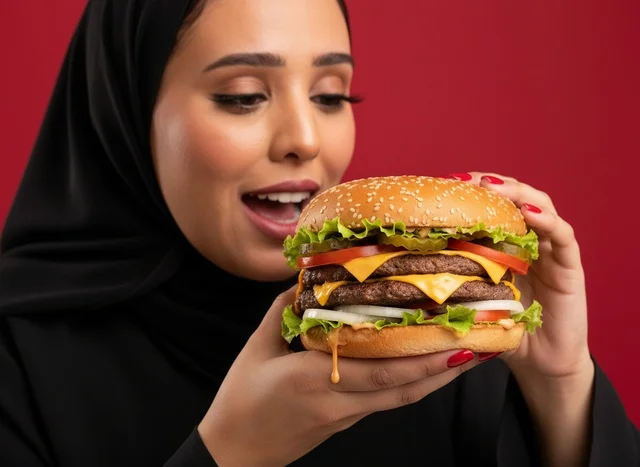 Saudi Woman Holding Double Cheeseburger on Red Background