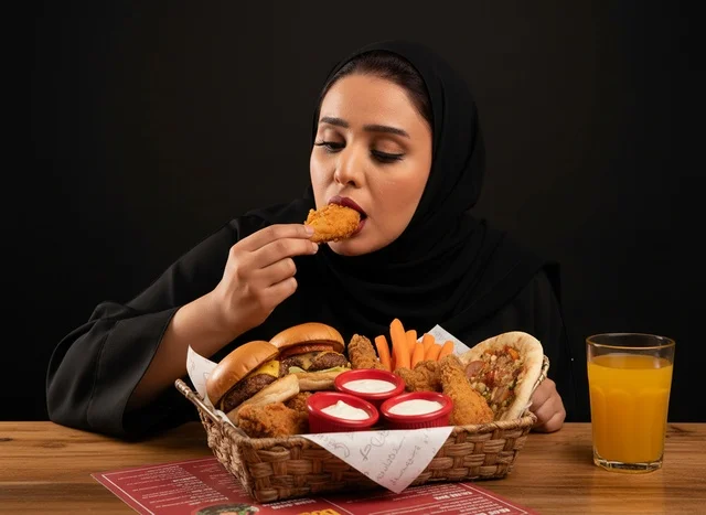 امرأة سعودية بالعباءة تتناول وجبة سريعة في مطعم