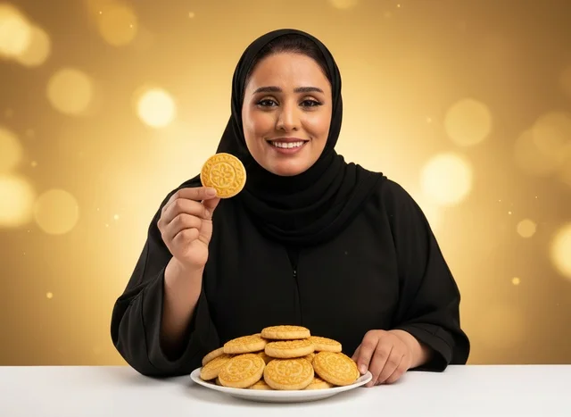 Saudi Woman in Black Abaya Holding a Biscuit