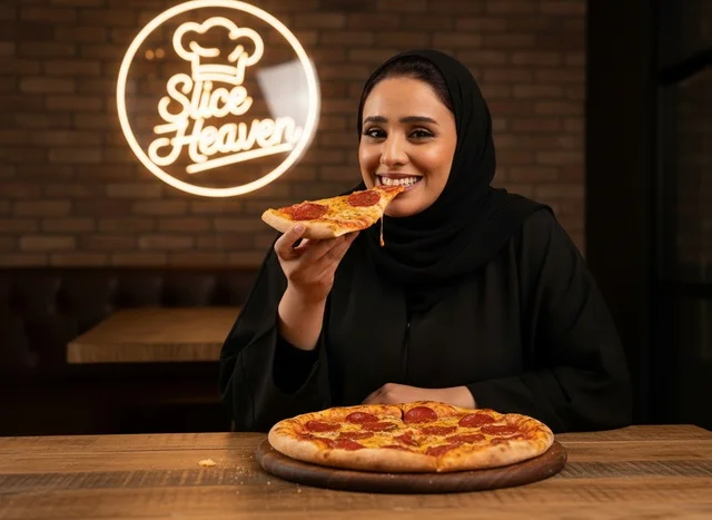 امرأة سعودية بالعباءة تأكل بيتزا بيبروني