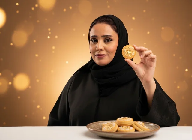 امرأة سعودية تحمل قطعة حلوى عربية تقليدية