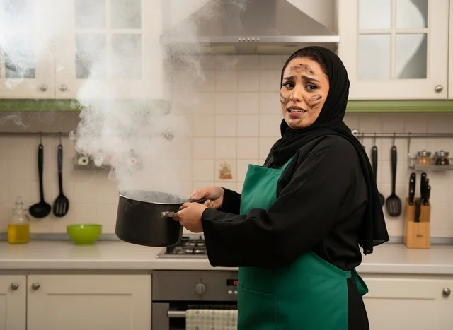 Saudi Woman with Burnt Food in Modern Kitchen