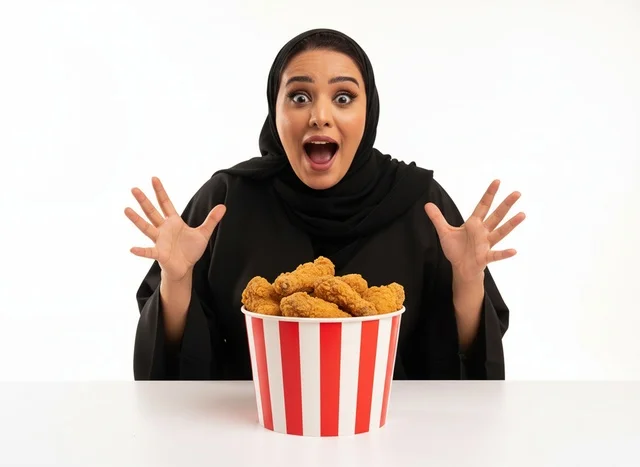 امرأة سعودية مندهشة مع دلو دجاج مقلي