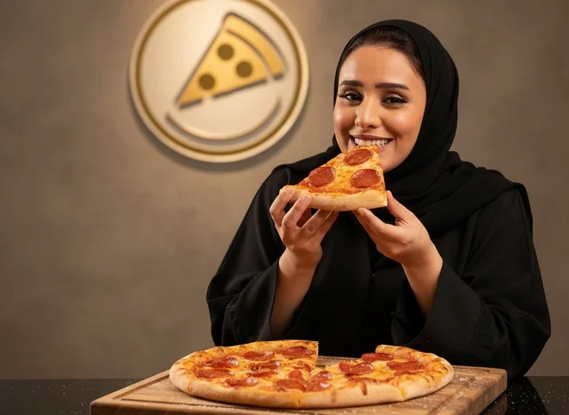 امرأة سعودية بالعباءة تتناول بيتزا الببروني امرأة سعودية بالعباءة تتناول بيتزا الببروني