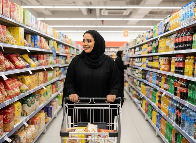 امرأة عربية بالعباءة تتسوق في ممر السوبر ماركت