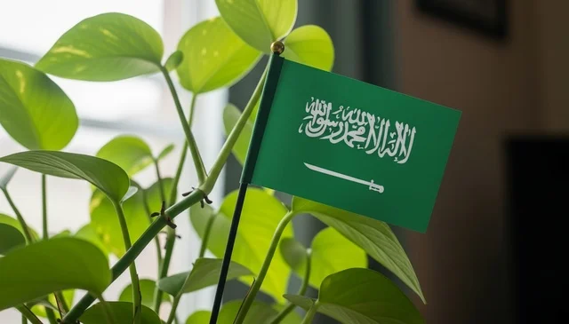 Saudi Arabia Flag in Indoor Plant Close-up