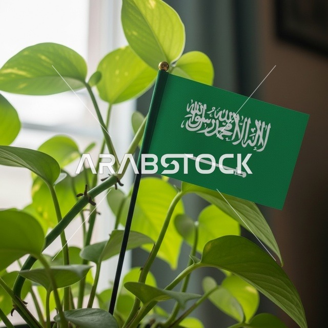 علم المملكة العربية السعودية مع نبات منزلي أخضر