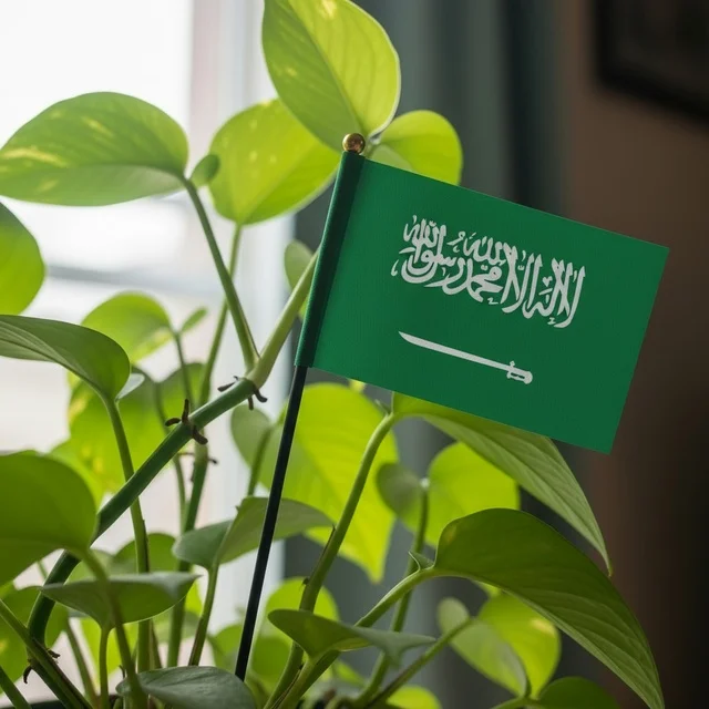 Small Saudi Arabian Flag with Green Indoor Plant